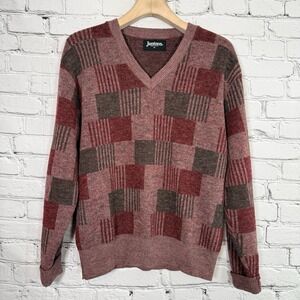 Vintage 80s Jantzen Wool Blend Sweater Men's M Red V‎ Neck Geometric USA Dad
